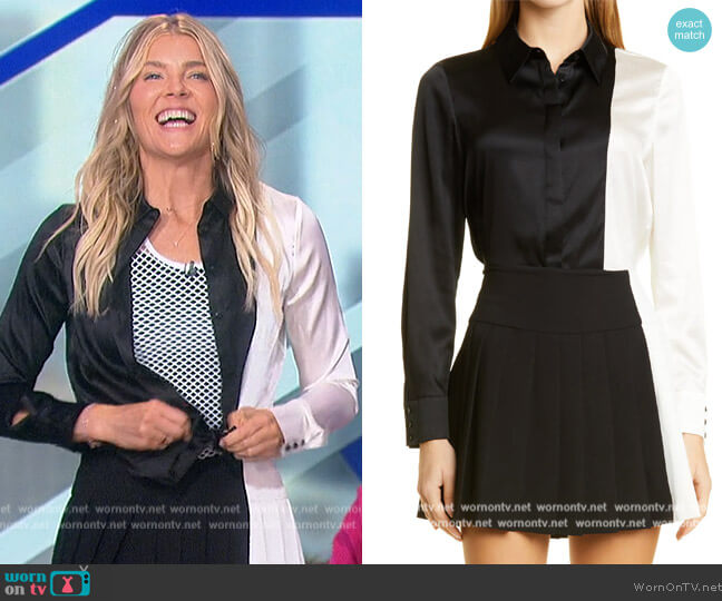 Alice + Olivia Willa Colorblock Hidden Placket Stretch Silk Top worn by Amanda Kloots on The Talk