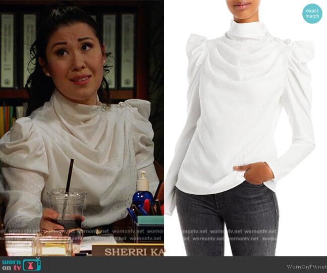 Aqua Mock Neck Puff Sleeve Top worn by Sherri Kansky (Ruthie Ann Miles) on All Rise