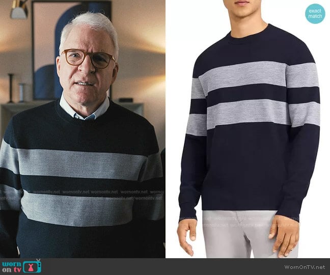 Theory Arnauld Striped Crewneck Merino Sweater in Baltic/Cool Heather Gray worn by Charles-Haden Savage (Steve Martin) on Only Murders in the Building