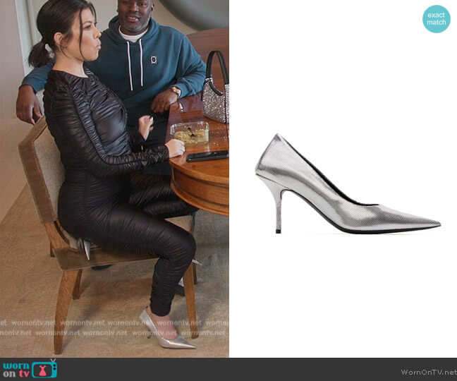 Balenciaga Silver Embossed Square Knife Pumps worn by Kourtney Kardashian (Kourtney Kardashian) on The Kardashians