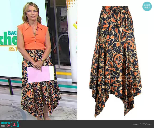 A.L.C. Blanca Abstract Printed Handkerchief Maxi Skirt worn by Savannah Guthrie on Today