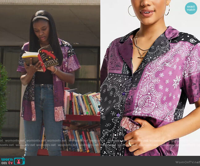 ASOS CD Femme oversized satin shirt in patchwork bandana set worn by Calliope Burns (Imani Lewis) on First Kill