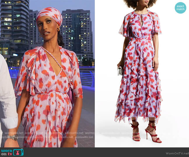 Caroline Herrera Abstract-Print Cascading Ruffle Maxi Dress worn by Chanel Ayan (Chanel Ayan) on The Real Housewives of Dubai