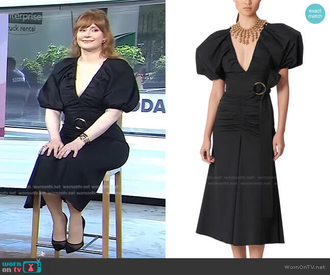 Carolina Herrera Ruched Belted Puff Sleeve Cotton Blend Dress
