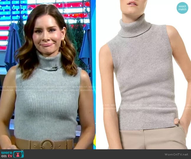 Michael Kors Cashmere Sleeveless Turtleneck Sweater worn by Rebecca Jarvis on Good Morning America