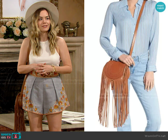 Chloe Small Marcie Fringe Leather Saddle Bag worn by Hope Logan (Annika Noelle) on The Bold and the Beautiful