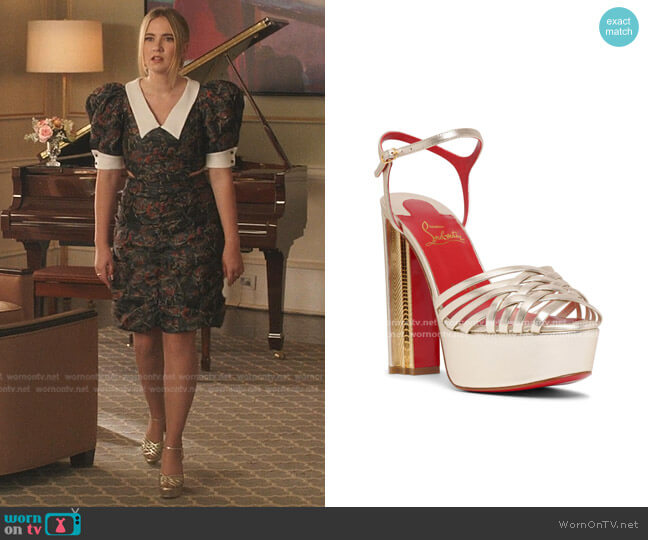Christian Louboutin Coluna Girl Sahara Laminato Sandals worn by Amanda Carrington (Eliza Bennett) on Dynasty