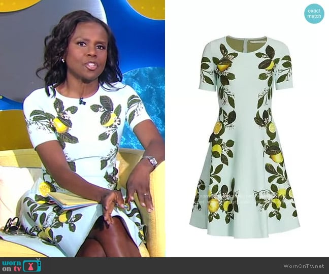 Oscar de la Renta Citrus Primavera Jacquard Fit-&-Flare Dress worn by Deborah Roberts on Good Morning America