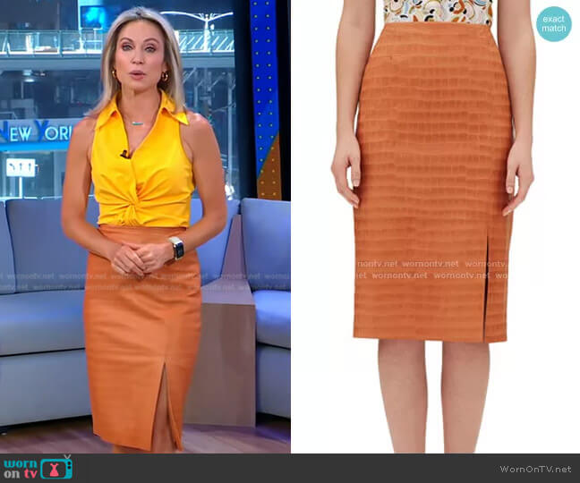 Lafayette 148 New York Esma Etched Croco Leather Skirt worn by Amy Robach on Good Morning America