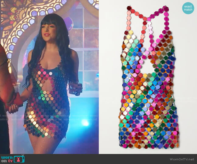 Fannie Schiavoni Rainbow open-back chainmail mini dress worn by Fallon Carrington (Elizabeth Gillies) on Dynasty