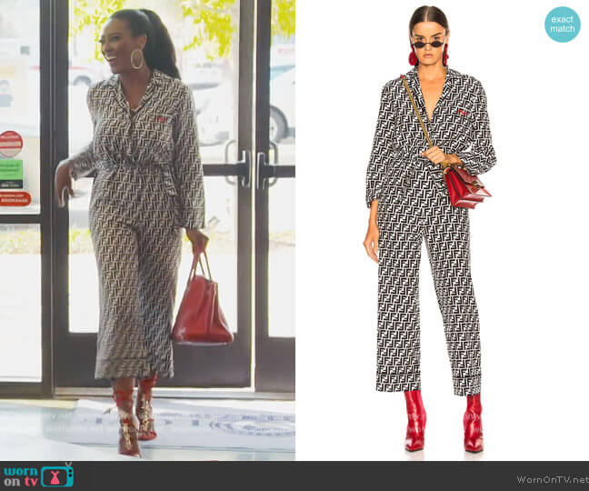 Fendi Logo Print Belted Pajama Jumpsuit worn by Kenya Moore on The Real Housewives of Atlanta
