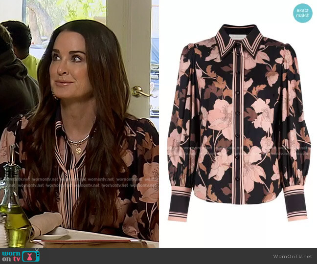 Zimmermann Floral-Print Silk Blouse worn by Kyle Richards on The Real Housewives of Beverly Hills