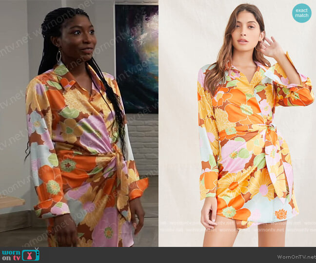 Forever 21 Floral Satin Belted Wrap Dress worn by Trina Robinson (Tabyana Ali) on General Hospital