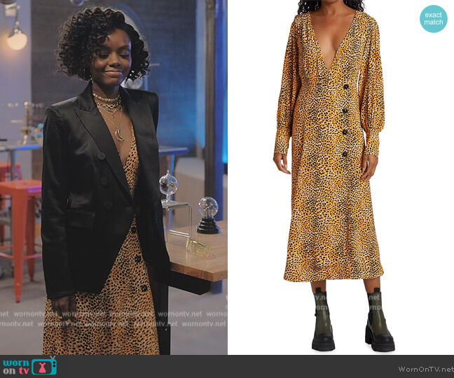 Ganni Leopard Print Plunge Midi Dress worn by Zenzi Fullington (Ashleigh Murray) on Tom Swift