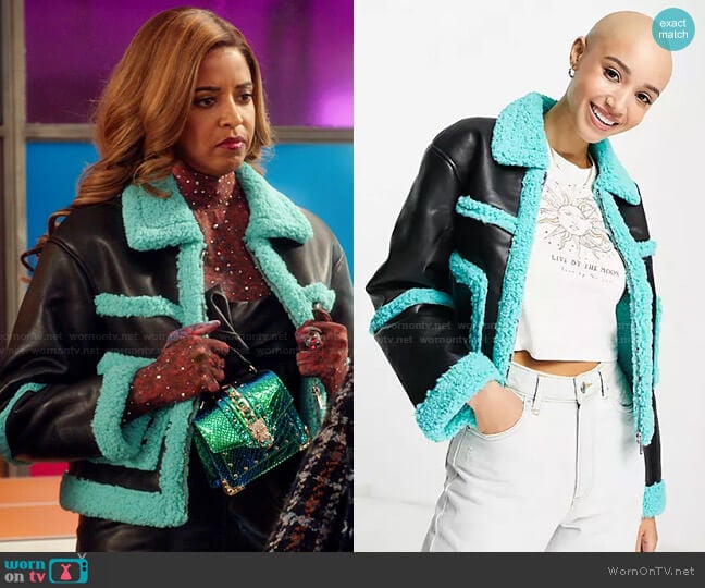 Glamorous Cropped Aviator Coat in Faux Leather with Blue Trim worn by Wickie Roy (Renée Elise Goldsberry) on Girls5eva