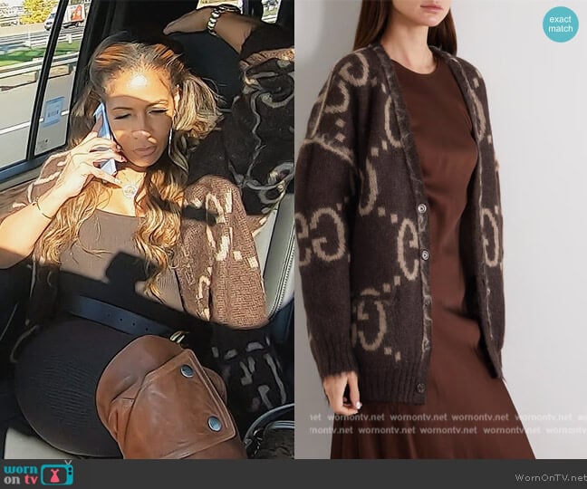 Gucci Oversized reversible jacquard-knit mohair-blend cardigan worn by Sheree Whitefield on The Real Housewives of Atlanta