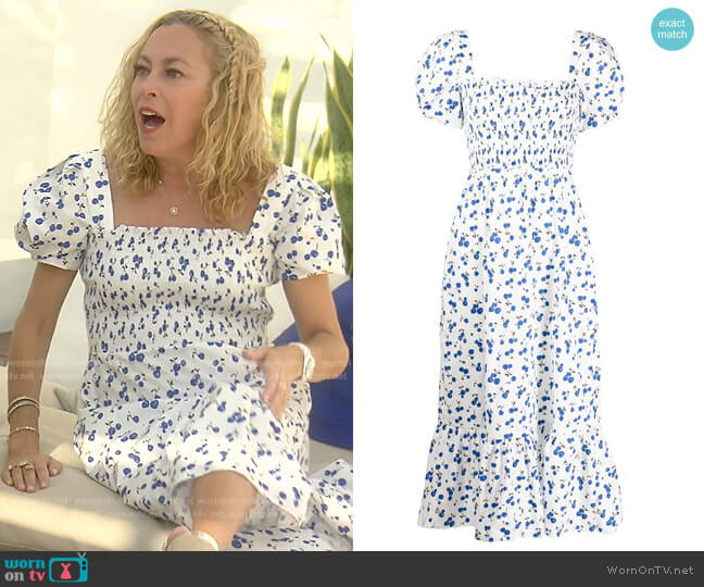 HVN Cherry-Print Smocked Ruffle Dress worn by Sutton Stracke on The Real Housewives of Beverly Hills