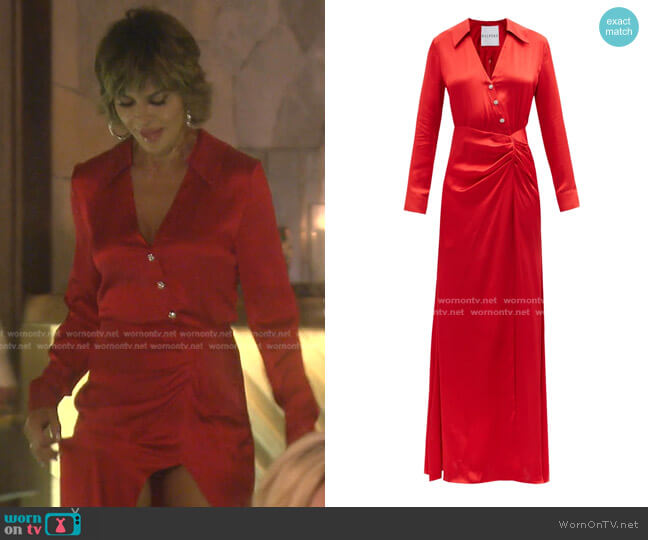 Halpern Crystal-embellished Draped Satin Maxi Dress worn by Lisa Rinna on The Real Housewives of Beverly Hills