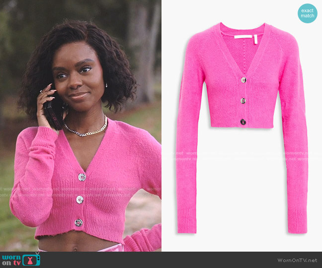 Helmut Lang Ribbed Cropped V-Neck Cardigan worn by Zenzi Fullington (Ashleigh Murray) on Tom Swift