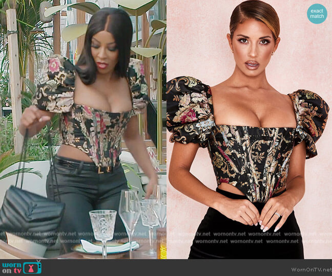 House of CB Isabella Brocade Jacquard Puff Sleeve Bustier worn by Caroline Brooks (Caroline Brooks) on The Real Housewives of Dubai