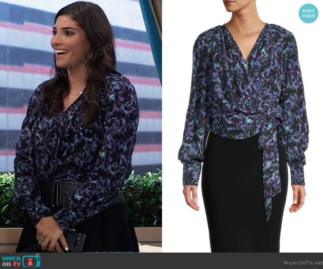 IRO Azza pleated printed crepe de chine wrap top worn by Brook Lynn Quartermaine (Amanda Setton) on General Hospital