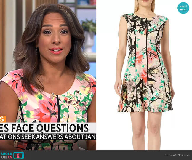 Jax Floral-Print Scuba Fit-and-Flare Dress worn by Michelle Miller on CBS Mornings