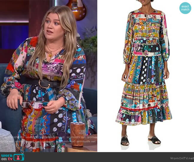 Johnny Was Long Sleeve Printed Silk Dress worn by Kelly Clarkson on The Kelly Clarkson Show