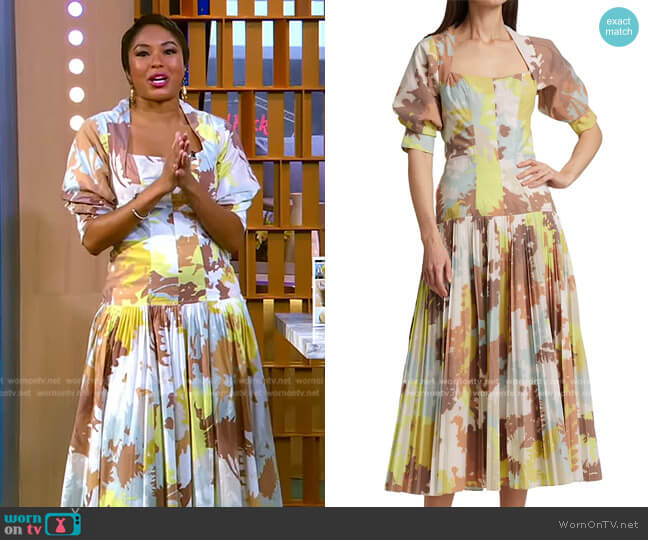 Jonathan Simkhai Iva Floral Pleated Poplin Midi Dress worn by Alicia Quarles on Good Morning America