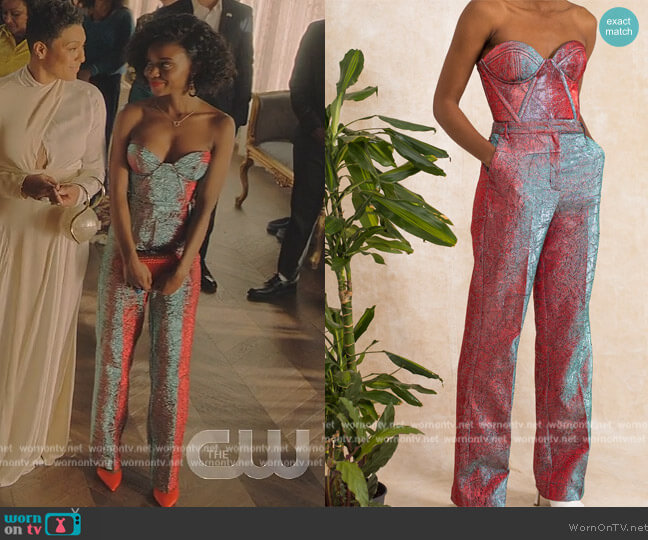 Kai Collective Cherry Glaze Metallic Corset Top worn by Zenzi Fullington (Ashleigh Murray) on Tom Swift
