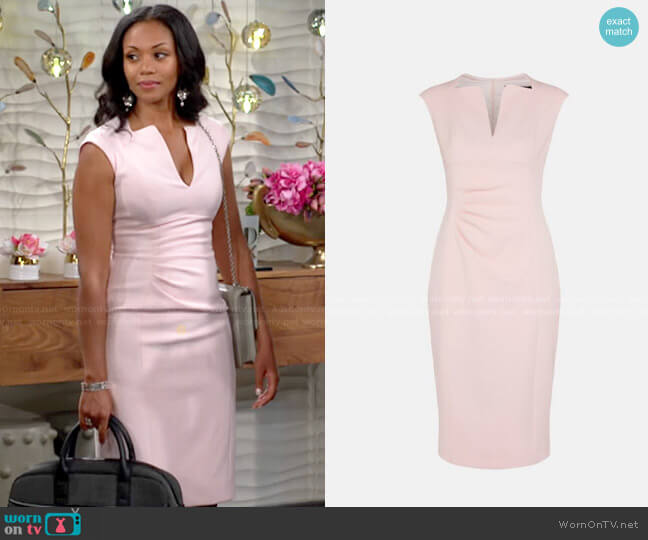 Karen Millen Structured Crepe Envelope Neck Pencil Dress in Blush worn by Amanda Sinclair (Mishael Morgan) on The Young and the Restless