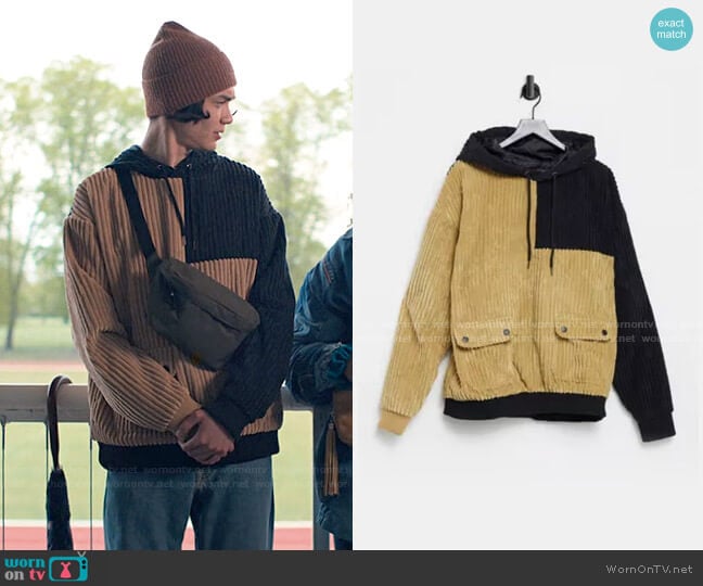 Liquor N Poker Corduroy Hoodie in Patchwork Stone and Black worn by Tao Xu (William Gao) on Heartstopper