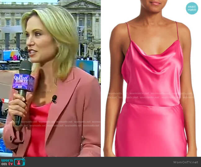 Cinq a Sept Marta Silk Cowlneck Cami in Hot Magenta worn by Amy Robach on Good Morning America