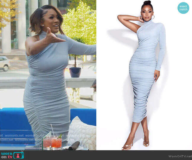 Miss Circle Peyton Blue One Sleeve Ruched Pencil Dress worn by Drew Sidora on The Real Housewives of Atlanta