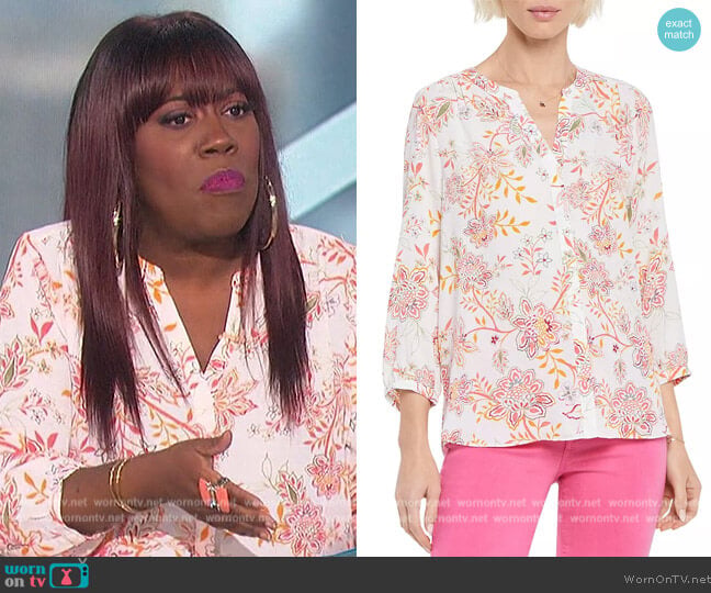 NYDJ Three Quarter Sleeve Printed Pintucked Back Blouse in Villaneuve worn by Sheryl Underwood on The Talk
