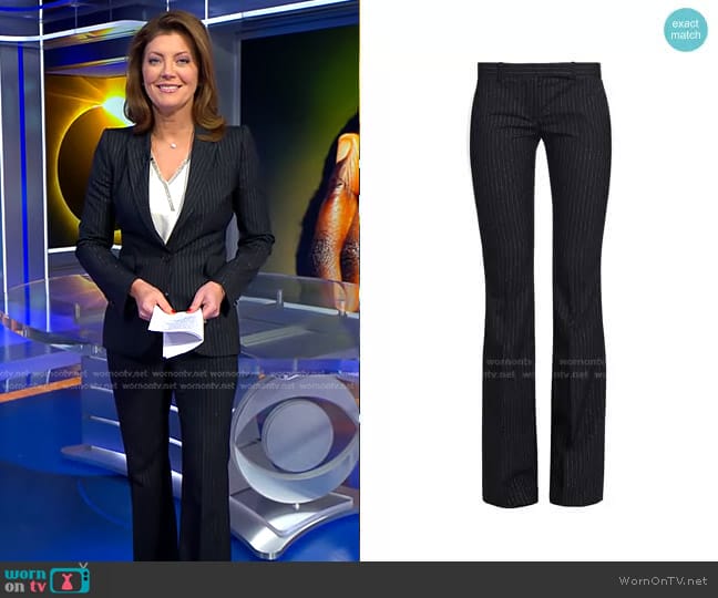 Alexander McQueen Narrow Bootcut Pinstripe Trousers worn by Norah O'Donnell on CBS Evening News