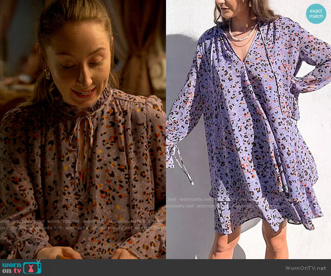 & Other Stories Recycled Polyester Tie Neck Animal Print Mini Dress in Lilac worn by Becky Green (Erin Doherty) on Chloe