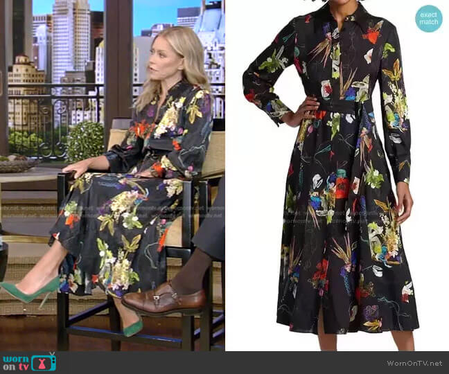 Jason Wu Pleated Long Sleeve Floral Midi Shirt Dress worn by Kelly Ripa on Live with Kelly and Mark