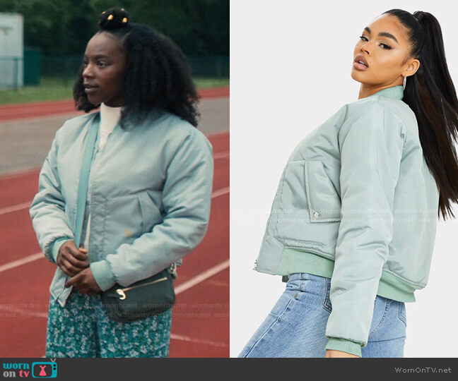 Pretty Little Thing Sage Green Nylon Popper Button Pocket Bomber Jacket worn by Tara Jones (Corinna Brown) on Heartstopper