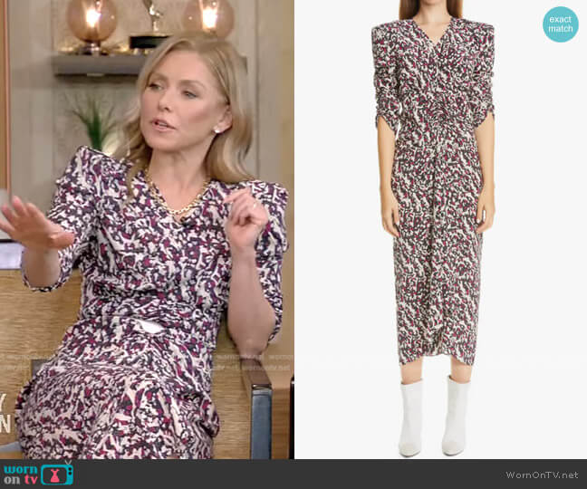 Isabel Marant Print Ruched Ruffle Stretch Silk Midi Dress worn by Kelly Ripa on Live with Kelly and Mark