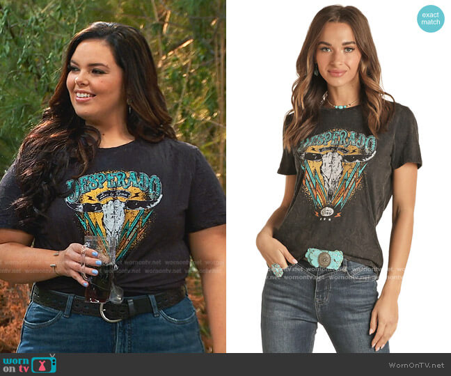 Rock & Roll Denim Desperado T-Shirt worn by Lou Hockhauser (Miranda May) on Bunkd