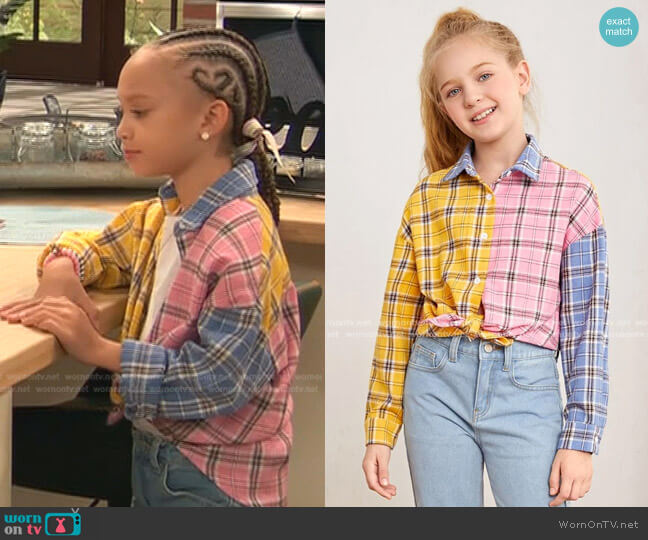 Shein Girls Color Block Plaid Print Drop Shoulder Blouse worn by Alice Baxter (Mykal-Michelle Harris) on Ravens Home