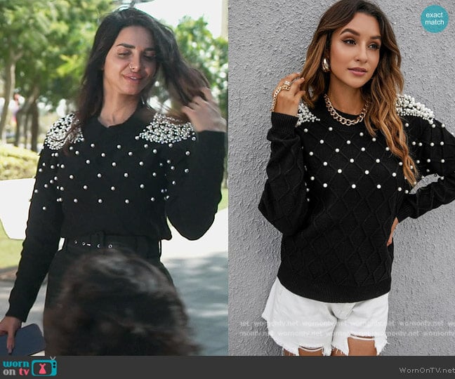 Shein Solid Pearl Rib-Knit Sweater worn by Sara Al Madani (Sara Al Madani) on The Real Housewives of Dubai