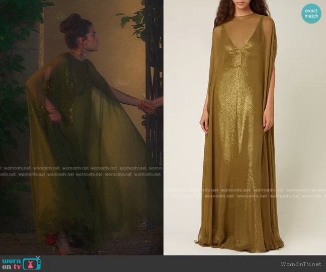 Valentino Silk-Overlay Metallic Cape Gown worn by Juliette Fairmont (Sarah Catherine Hook) on First Kill