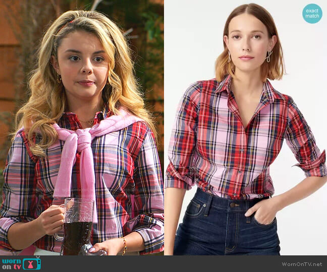 J. Crew Slim Stretch Perfect Shirt in Pink Stewart Tartan worn by Destiny Baker (Mallory James Mahoney) on Bunkd