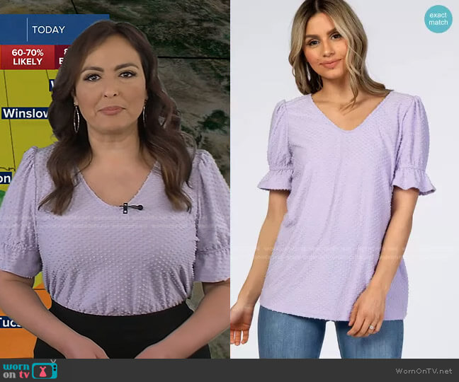 Pink Blush Swiss Dot Puff Ruffle Short Sleeve Top worn by Iris Hermosillo on Good Morning America
