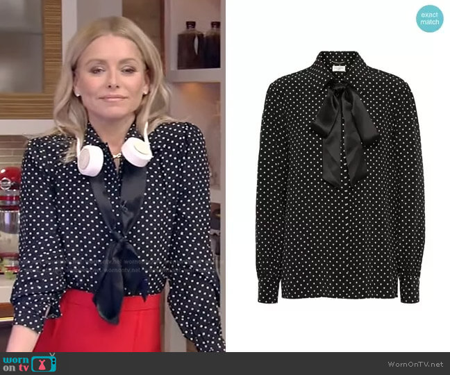 Saint Laurent Tie-Neck Polka-Dot Silk Blouse worn by Kelly Ripa on Live with Kelly and Mark