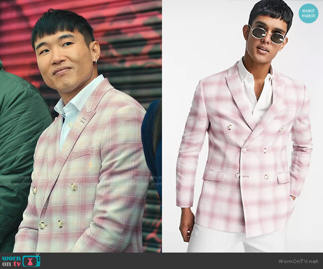 Topman Skinny Fit Double Breasted Suit Jacket in Pink Check worn by Nicholas (Joel Kim Booster) on Loot