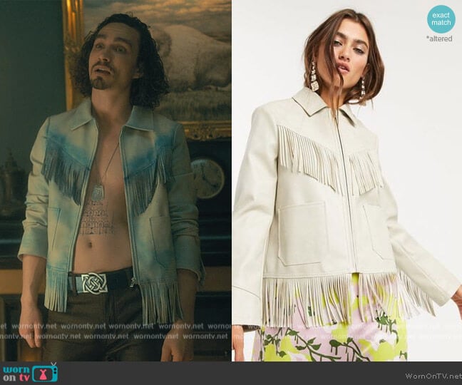 Topshop Fringed Faux Leather Jacket worn by Klaus Hargreeves (Robert Sheehan) on The Umbrella Academy