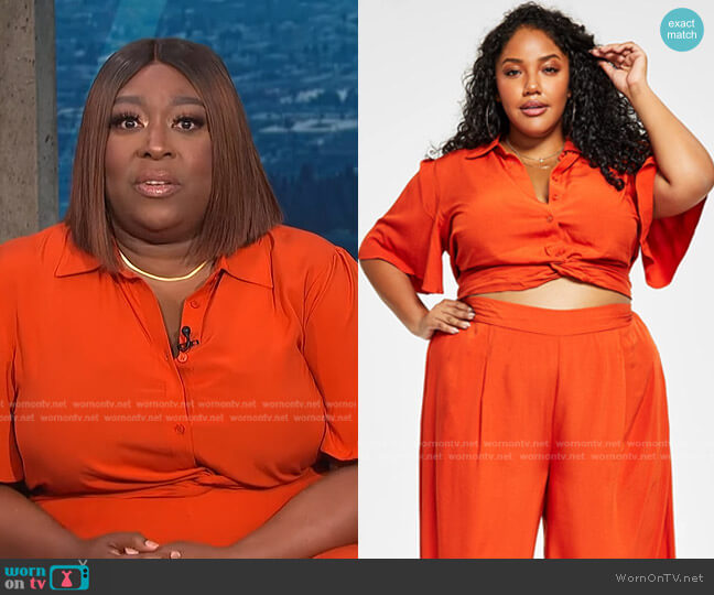 Nina Parker Trendy Plus Size Cropped Knot-Front Top worn by Loni Love on E! News