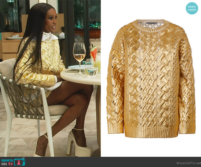 Valentino Metallic coated cable-knit wool sweater worn by Chanel Ayan (Chanel Ayan) on The Real Housewives of Dubai